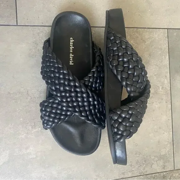 NEW Charles David defend black braided leather slides sandals 6.5 - Picture 6 of 7